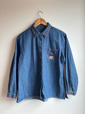 Denim Button-Up Shirt with Embroidered Apple Details
